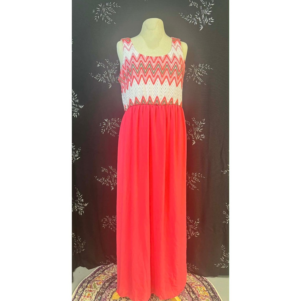 Rue21 Womens XL Coral Pink Chevron Crochet Bodice Sleeveless Maxi‎ Dress Boho